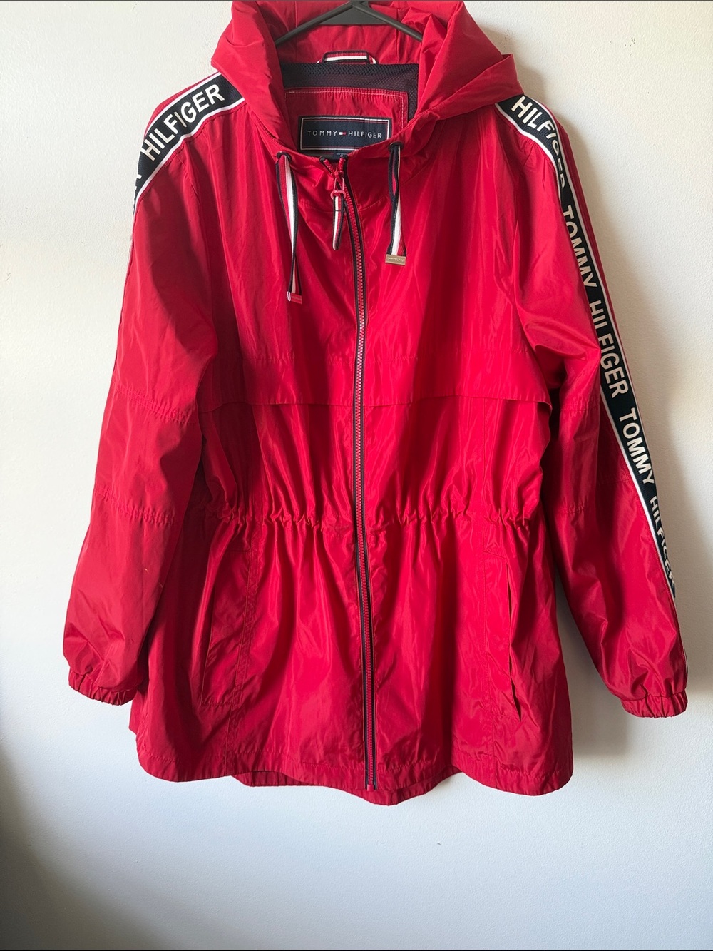 Tommy Hilfiger Women's Red Hooded Utility Jacket with Logo Tape